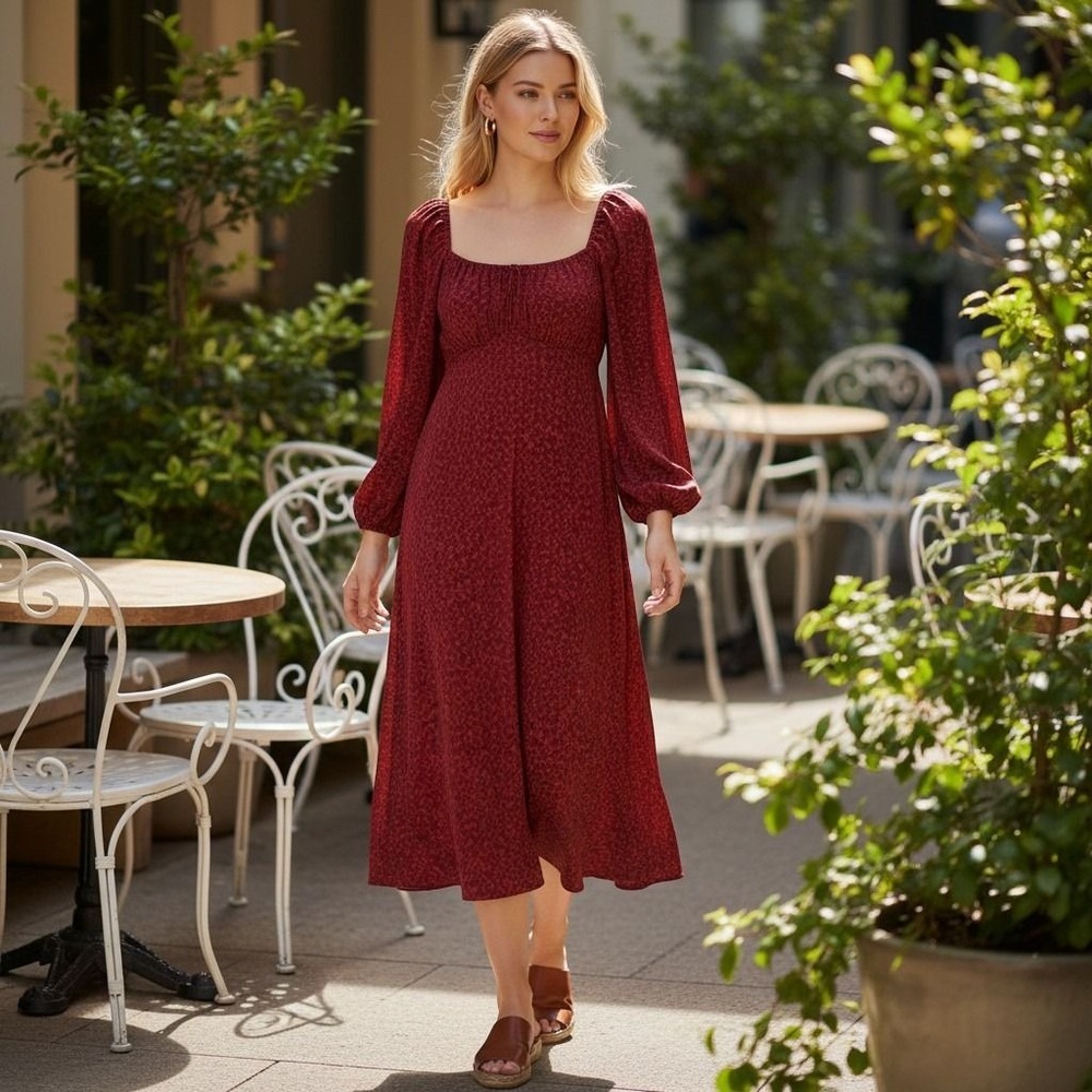Banana Republic Shirred Bodice Midi Dress Womens 16 Red $150 NWT